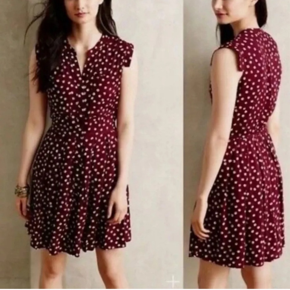 Anthropologie 11-1-Tylho West Street Burgundy Polka Dot Buttonfront
